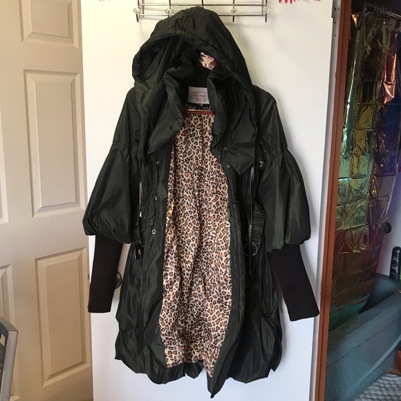 PINK MARTINI Abi Coat green metallic knit sleeves removable hood ruffle coat - Picture 3 of 17